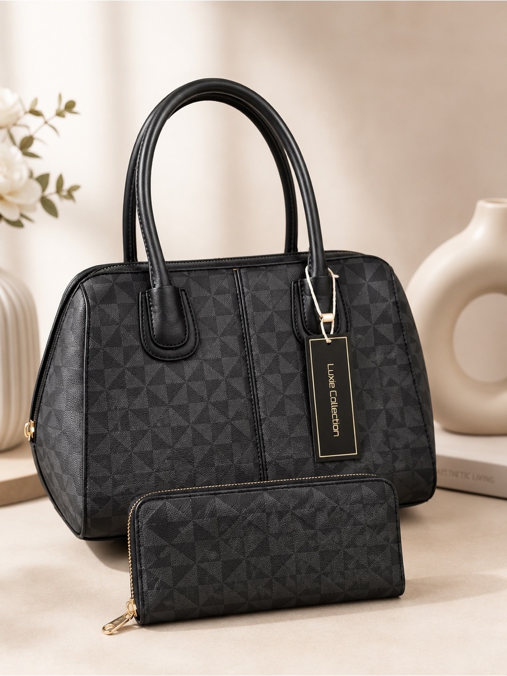 Black Geometric Pattern Satchel with Matching Wallet